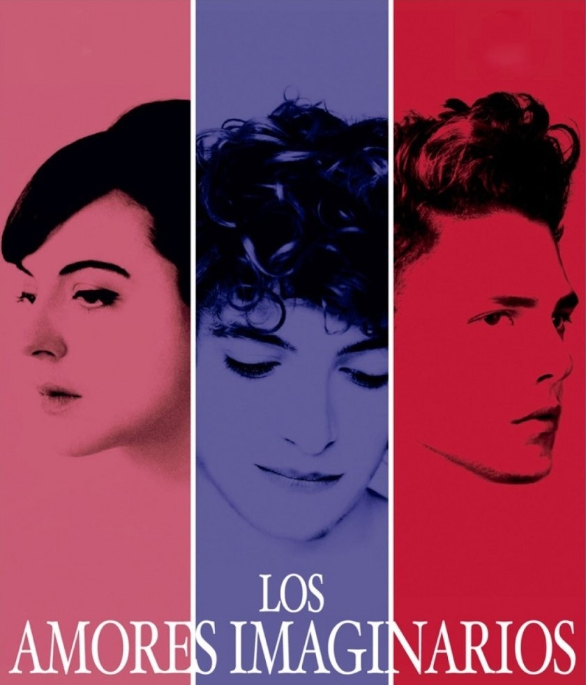 Se trata del cartel de la película los amores imaginarios. la imagen se compone de 3 franjas de varios colores que se funden con los rostros de los protagonistas de la película